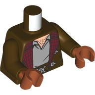 Lego Torso, Jacket, Dark Red Lining, Silver Clasps, Light Bluish Grey Shirt, Light Nougat Chest print, Dark Brown Arms, Reddish Orange Hands / Dark Brown