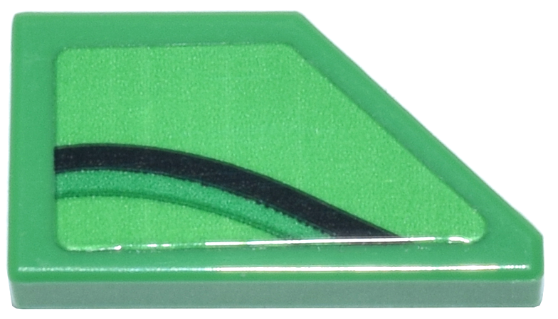Lego Tile, Modified 1 x 2 Wedge Left with Black and Green Curved Line Pattern (Sticker) - Set 77247