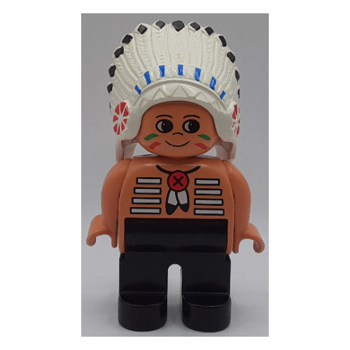 Lego Duplo Figure, Early, Feather Headdress White, Black Legs, Feather Necklace, Facepaint Print