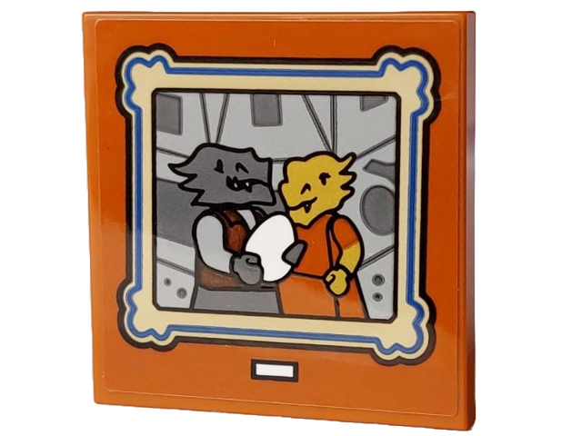 Lego Tile 4 x 4 with Painting with Dragonborn Minifigures (Alax Jadescales's Parents) and White Egg on Light Bluish Gray and Dark Bluish Gray Background with Black, Blue and Tan Frame Pattern (Sticker) - Set 21348 / Dark Orange