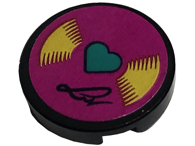 Lego Tile, Round 2 x 2 with Bottom Stud Holder with Vinyl Record with Dark Turquoise Heart and Signature on Magenta Background Pattern (Sticker) - Set 41449 / Black