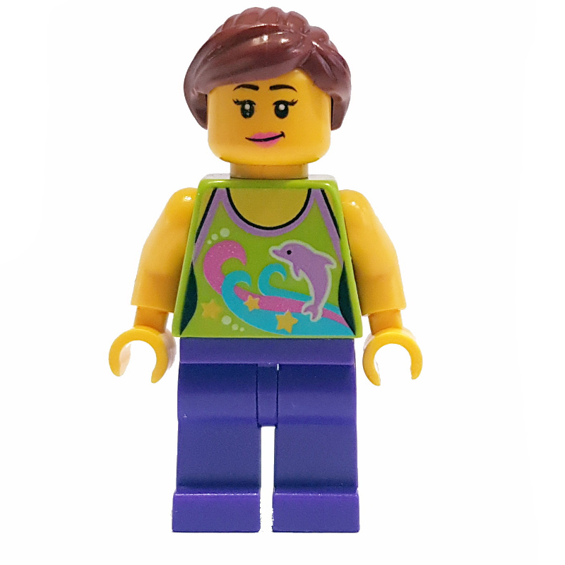 Lego Woman, Lime Halter Top with Dolphins, Dark Purple Legs, Dark Brown Ponytail
