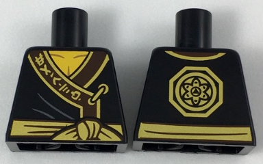 Lego Torso Robe with Dark Brown Hem, Gold Trim and Ninjago Logogram 'EARTH', Dark Bluish Gray Creases, Waist Sash with Knot, Yellow Neck, Octagon and Circle Medallion Logo on Back Pattern / Black