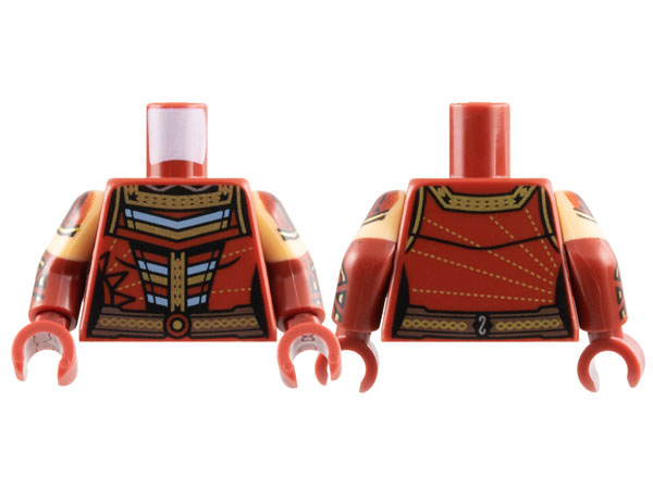 Lego Torso Female Shirt with Center Panel with Gold and Sand Blue Stripes, Dark Brown Belt with Circle Buckle, Black Shoulders and Neck Pattern / Dark Red Arms with Molded Medium Tan Short Sleeves and Printed Dark Red Shoulders, Gold Trim and Straps on Gauntlets Pattern / Dark Red Hands