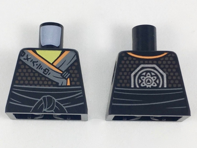 Lego Torso Tunic with Sash, Yellow Neck, Orange and Dark Gray Hems, Dark Tan Dots Pattern / Black