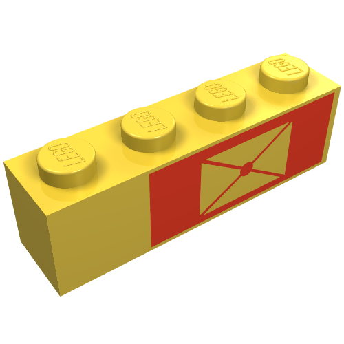 Lego Brick 1 x 4 with Envelope on Red Background, Right Print / Yellow
