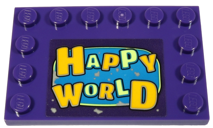 Lego Tile, Modified 4 x 6 with Studs on Edges with Bright Light Orange and Yellowish Green 'HAPPY WORLD' Pattern (Sticker) - Set 70432