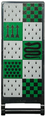 Lego Flag 7 x 3 with Bar Handle with HP Slytherin House Banner, Green and Light Bluish Gray Squares, Snake, Shields and Arrows Pattern on Both Sides (Stickers) - Set 76416 / Black