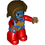Lego Duplo Figure with Long Hair Section in Front Dark Brown, Red Legs, Gold Lightning Stripe Print (Ms Marvel) / Blue