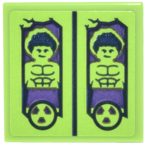 Lego Tile 2 x 2 with Toy Boxes with Hulk, Dark Blue Hair and Muscles, Dark Purple Shorts and Radioactive Symbol Pattern (Sticker) - Set 43302
