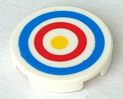 Lego Tile, Round 2 x 2 with Bottom Stud Holder with Blue and Red Circles and Yellow Dot Archery Target Pattern / White