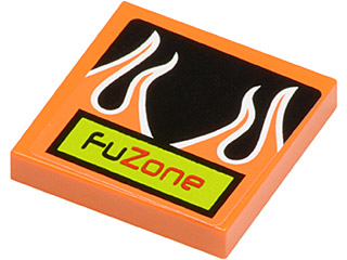 Lego Tile 2 x 2 with 'FUZONE' and Orange Flames on Black Background Pattern (Sticker) - Set 8125 / Orange