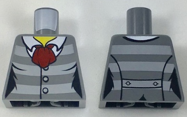 Lego Torso Female Jacket with Light Bluish Gray Stripes, 3 Buttons and Dark Red Scarf and Back Print Pattern / Dark Bluish Gray