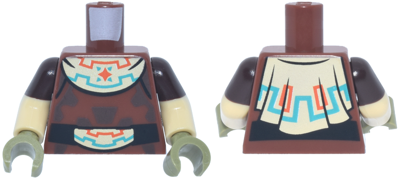 Lego Torso Tunic with Black Belt and Tan Cloth with Dark Turquoise and Reddish Orange Geometric Lines Pattern / Tan Arms with Molded Dark Brown Short Sleeves Pattern / Olive Green Hands