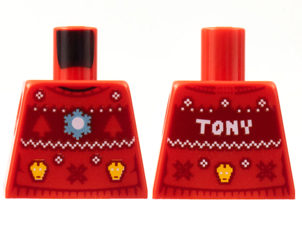 Lego Torso Knit Fair Isle Holiday Sweater with Yellow Iron Man and White Zigzag, Snowflake and 'TONY' on Dark Red Background Pattern / Red