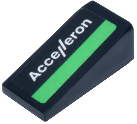 Lego Slope 18 2 x 1 x 2/3 with White 'Accelleron' Logo and Bright Green Stripe Pattern Model Left Side (Sticker) - Set 77247