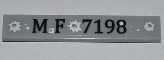 Lego Tile 1 x 6 with 'MF 7198' and Bullet Holes Pattern (Sticker) - Set 7198 / Light Bluish Gray