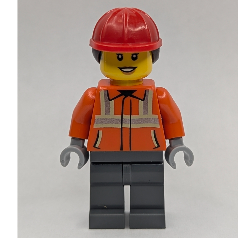 Lego Construction Worker, Reddish Orange Jacket, Red Hard Hat with Ponytail