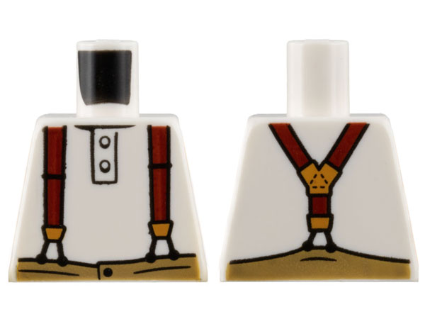 Lego Torso Shirt with 2 Buttons, Dark Red Suspenders with Gold Clasps, Dark Tan Pants Pattern / White