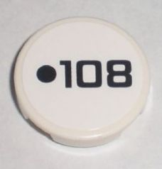 Lego Tile, Round 2 x 2 with Black Dot and '108' Pattern (Sticker) - Set 8211 / White