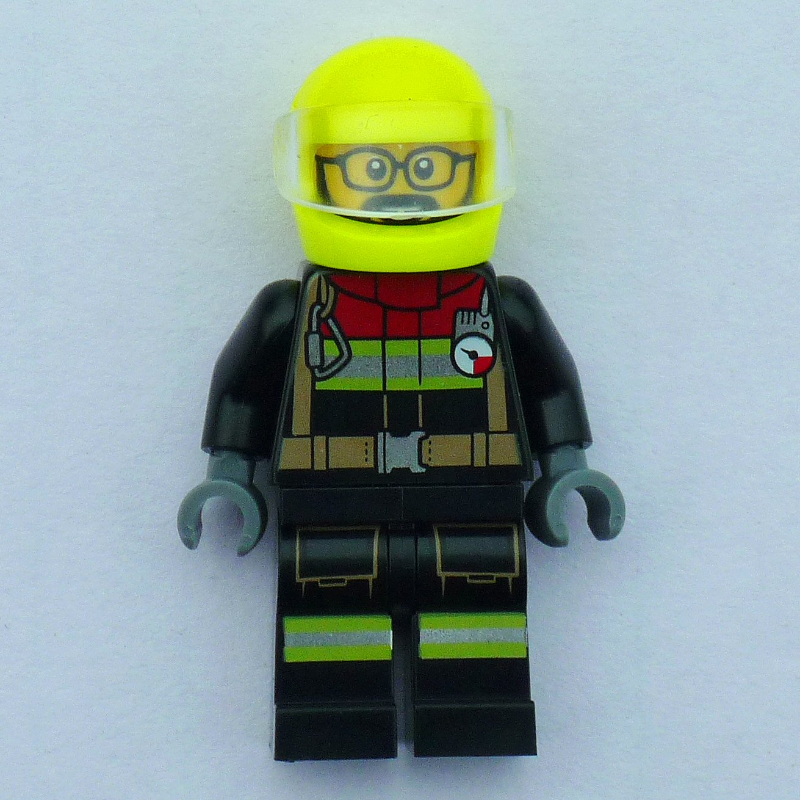 Lego Firefighter, Black Fire Suit, Vibrant Yellow Helmet