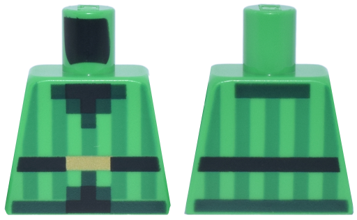 Lego Torso Pixelated Vest with Green Vertical Stripes and Dark Green Trim over Black Shirt, Belt with Gold Buckle Pattern / Bright Green
