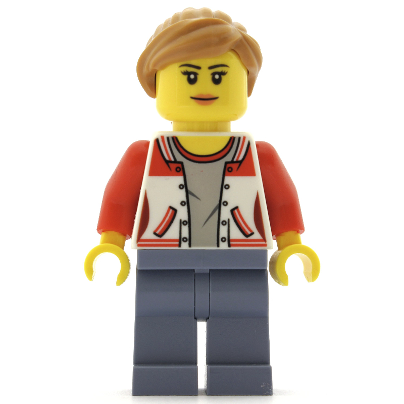Lego Woman, Red and White Letterman Jacket, Sand Blue Legs, Medium Nougat Hair