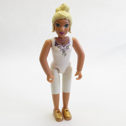 Lego Belville Figure Fixed Elbows, Female, Light Yellow Hair, White Top with Purple Flower Neckline / White