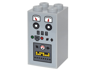 Lego Brick 2 x 2 x 3 with Buttons, Gauges and Panel with Computer Readout with Yellow Squares Pattern (Sticker) - Set 76052 / Light Bluish Gray