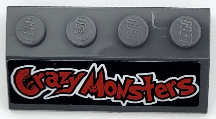 Lego Slope 45 2 x 4 with Red and White 'Crazy Monsters' on Black Background Pattern (Sticker) - Set 8182 / Dark Bluish Gray