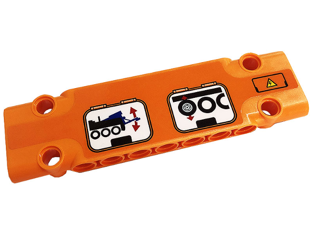 Lego Technic, Panel Plate 3 x 11 x 1 with Electricity Danger Sign, Wheels, Chassis and Red Arrows Pattern Model Left Side (Sticker) - Set 42128 / Orange