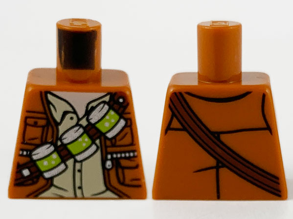 Lego Torso Jacket over Tan Shirt, Reddish Brown Bandolier with 3 Silver and Lime Canisters Pattern / Dark Orange