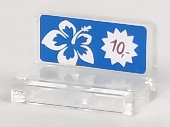 Lego Panel 1 x 2 x 1 with White Hibiscus Flower and White Starburst on Blue Background, Magenta '10,-' Pattern (Sticker) - Set 41058 / Trans-Clear