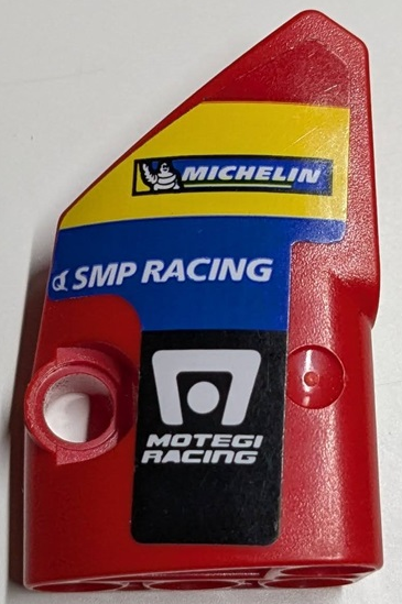 Lego Technic, Panel Fairing # 1 Small Smooth Short, Side A with Michelin, 'SMP RACING' and Motegi Racing Logos on Yellow, Blue and Black Stripes Pattern (Sticker) - Set 42125 / Red