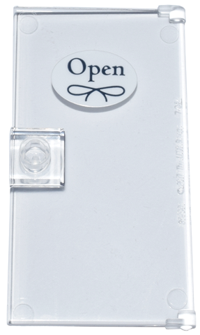 Lego Door 1 x 4 x 6 with Stud Handle with White Oval Sign with Dark Blue 'Open' and Bow Pattern (Sticker) - Set 42670