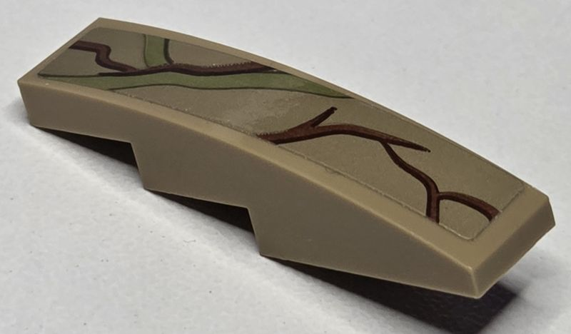 Lego Slope, Curved 4 x 1 with Reddish Brown Tree Bark Plates and Olive Green Vines Pattern (Sticker) - Set 76217 / Dark Tan