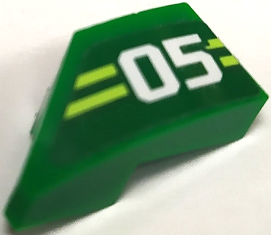 Lego Wedge 2 x 1 x 2/3 Right with White '05' and Yellowish Green Stripes Pattern (Sticker) - Set 71709