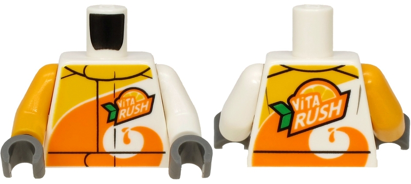 Lego Torso Jacket with Orange Spiral, 'ViTA RUSH' Logo Pattern on Front and Back / White Arm Left / Bright Light Orange Arm Right / Dark Bluish Gray Hands