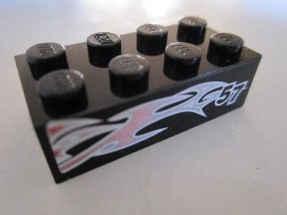 Lego Brick 2 x 4 with Silver and Pink Flames and '57' on Black Background Pattern Model Left Side (Sticker) - Set 8495