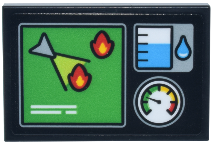 Lego Tile 2 x 3 with Control Console with Bright Green Map, Fire Symbols and Water Level Gauge Pattern (Sticker) - Set 72156 / Black