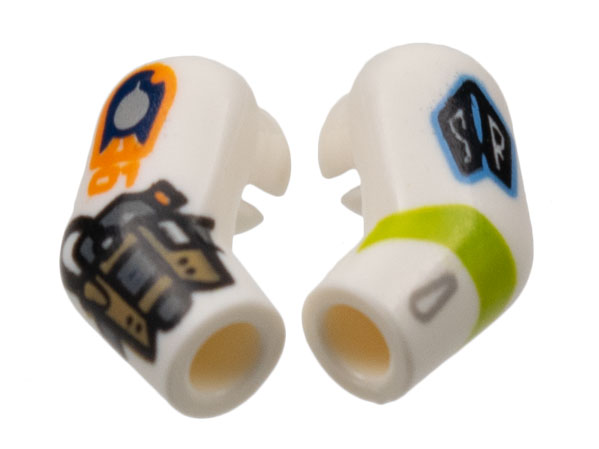 Lego Arm, (Matching Left and Right) Pair with Badge, Cuff Weapon, Lime Stripe Pattern / White