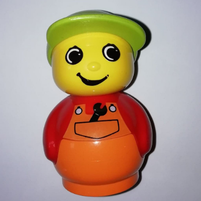 Lego Primo Figure Boy with Orange Base, Orange Dungarees with Wrench, Medium Lime Cap / Red