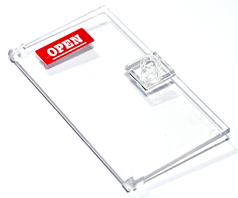 Lego Door 1 x 4 x 6 with Stud Handle with White Underlined 'OPEN' Sign on Red Background Pattern (Sticker) - Set 60292 / Trans-Clear