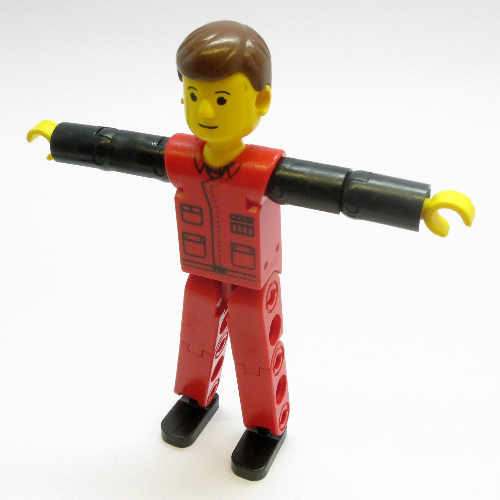 Lego Technic Figure Red Legs, Red Top with Black Print, Black Arms, Brown Hair / [No Color/Any Color]