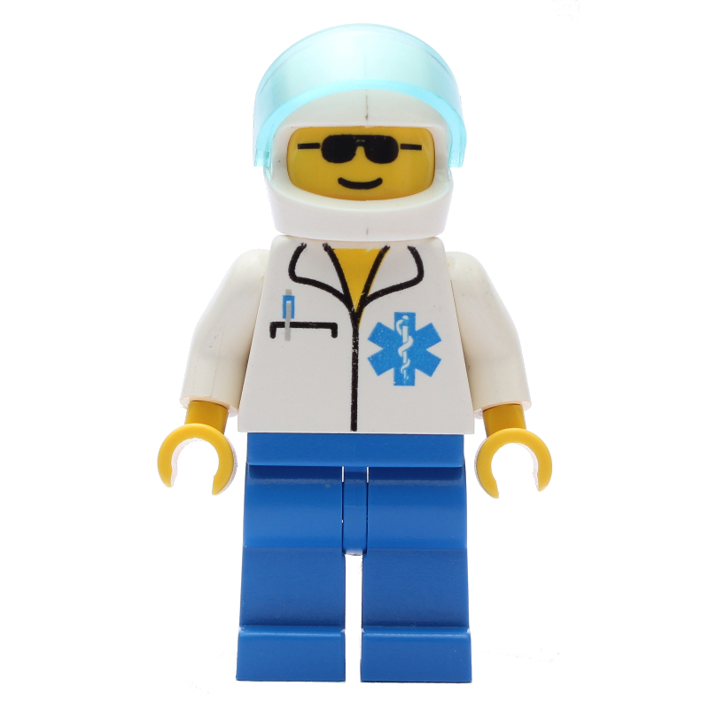 Lego Doctor, White Shirt with Star of Life Logo, White Helmet with Visor, Sunglasses