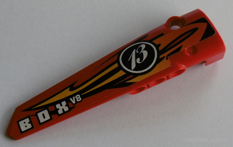 Lego Technic, Panel Fairing # 6 Long Smooth, Side B with Orange and Yellow Flames, '13' and 'BOX V8' Pattern (Sticker) - Set 8864