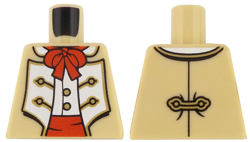 Lego Torso Coat Open with White Panels and Gold Trim over Vest with Buttons, Red Bow and Waistband Pattern / Tan