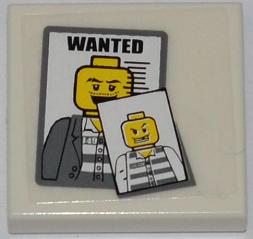 Lego Tile 2 x 2 with 'WANTED' and 2 Jail Prisoner Photos Pattern (Sticker) - Set 7498 / White
