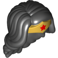 Lego Hair and Tiara, Long Wavy, Gold Tiara with Red Star Print (Wonder Woman) / Black