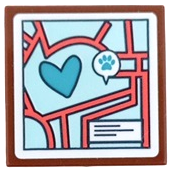 Lego Tile 2 x 2 with Map with Medium Azure Heart, Paw Print in Speech Bubble and Coral Roads on Light Aqua Background Pattern (Sticker) - Set 41692
